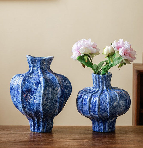 Modern Pottery Flower Vases, Handmade Water Holding Flower Vases, Centerpiece on Dining Table, Blue Ceramic Bud Vases, Tall Flower Vases on Table-artworkcanvas