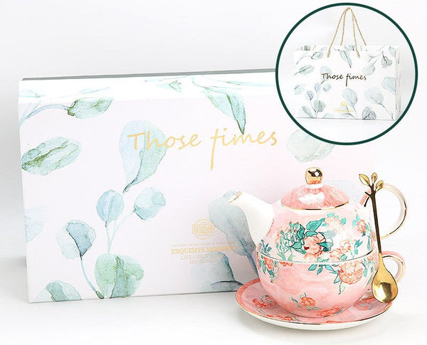 Ceramic Tea Pot with Integrated Cup, Mother-and-Baby Teapot with Matching Saucer, Vintage Style Stackable Tea Pot Set, English Style Tea Pot and Cup Set-artworkcanvas