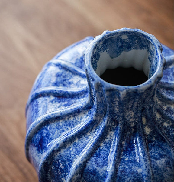 Modern Pottery Flower Vases, Handmade Water Holding Flower Vases, Centerpiece on Dining Table, Blue Ceramic Bud Vases, Tall Flower Vases on Table-artworkcanvas