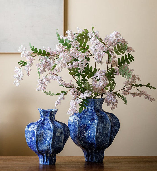 Handmade Water Holding Flower Vases, Centerpiece on Dining Table, Blue Ceramic Bud Vases, Tall Flower Vases on Table, Modern Pottery Flower Vases-artworkcanvas