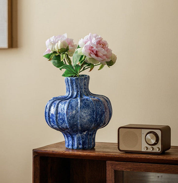 Modern Pottery Flower Vases, Handmade Water Holding Flower Vases, Centerpiece on Dining Table, Blue Ceramic Bud Vases, Tall Flower Vases on Table-artworkcanvas