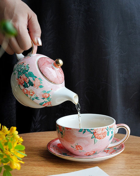 Mother-and-Baby Teapot with Matching Saucer, Vintage Style Stackable Tea Pot Set, Ceramic Tea Pot with Integrated Cup, English Style Tea Pot and Cup Set-artworkcanvas