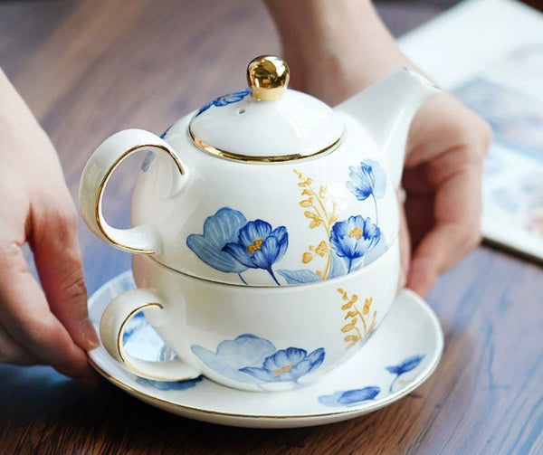 Porcelain Teapot with Matching Cup and Saucer in Gift Box, Ceramic Tea Pot with Integrated Cup, Stackable Teapot and Cup Set, Mother-and-Baby Teapot with Matching Saucer-artworkcanvas