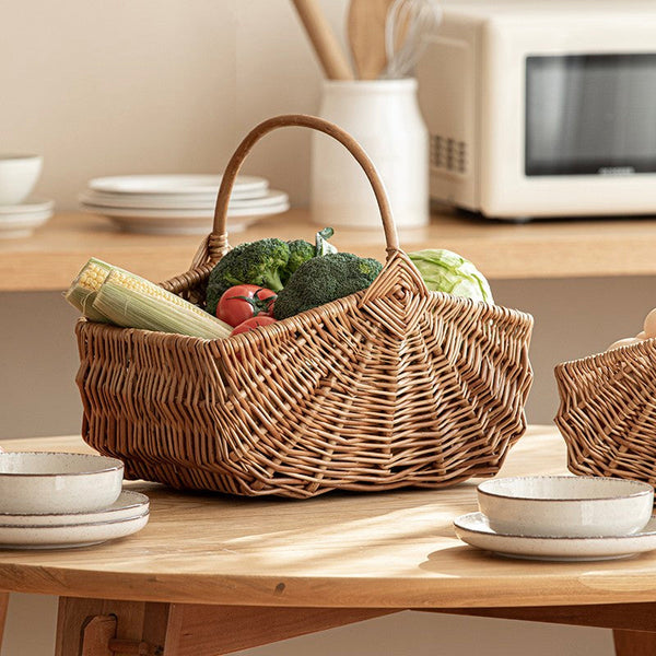 Large Picnic Food Basket with Handle, Natural Hand-woven Wicker Storage Basket, Lovely Willow Weaving Baskets for Vegetable, Natural Fruit Basket, Kitchen Storage Baskets-artworkcanvas