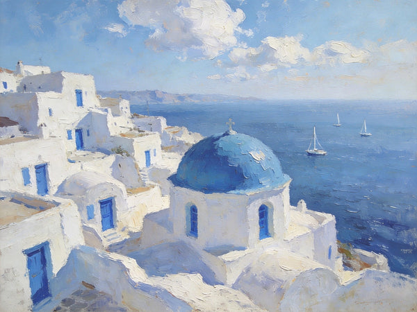 Small Landscape Paintings on Canvas, Aegean Breeze and Blue Domes, Original Oil Paintings, Palette Knife Oil Paintings, Landscape Canvas Paintings, Hand Painted Canvas Art-artworkcanvas
