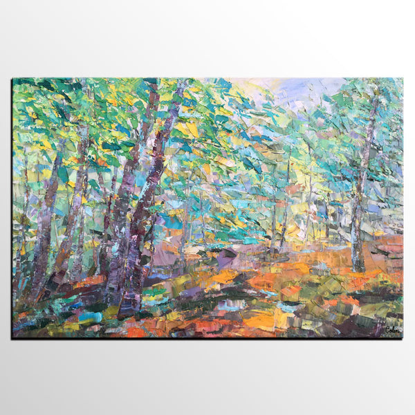 Autumn Forest Tree Painting, Landscape Canvas Painting, Impasto Paintings, Custom Large Painting for Bedroom, Original Landscape Painting
