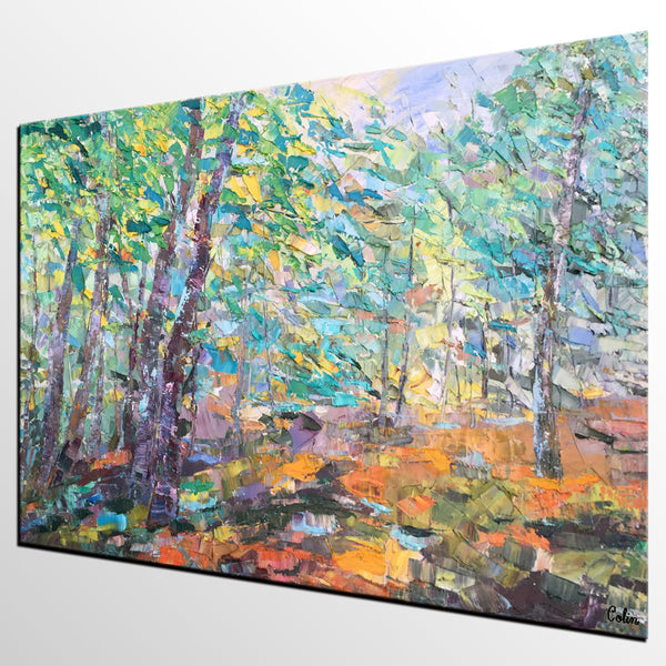 Autumn Forest Tree Painting, Landscape Canvas Painting, Impasto Paintings, Custom Large Painting for Bedroom, Original Landscape Painting