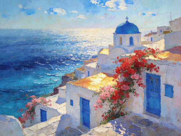 Floral Vines and Maritime Blues, Aegean Blue Domes, On Canvas Small Paintings, Hand Painted Canvas Art, Small Landscape Paintings, Landscape Wall Art Paintings, Original Oil Paintings-artworkcanvas