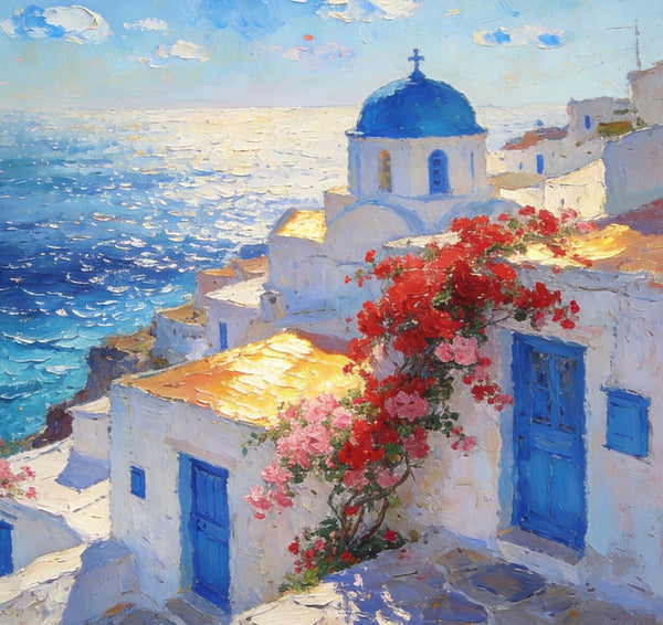 Floral Vines and Maritime Blues, Aegean Blue Domes, On Canvas Small Paintings, Hand Painted Canvas Art, Small Landscape Paintings, Landscape Wall Art Paintings, Original Oil Paintings-artworkcanvas