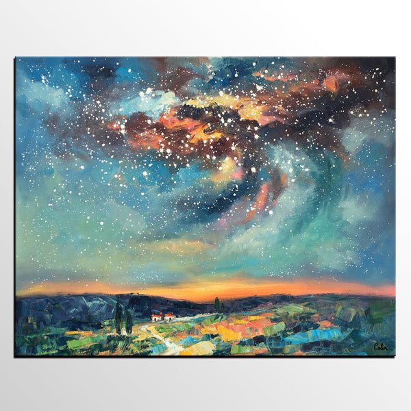 Landscape Painting, Custom Large Canvas Wall Art, Starry Night Sky Canvas Painting, Heavy Texture Wall Art