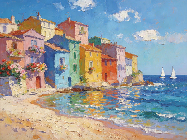 Palette Knife Oil Paintings, Seashore Town Tranquility, Original Oil Paintings, Small Landscape Paintings on Canvas, Landscape Canvas Paintings, Hand Painted Canvas Art-artworkcanvas