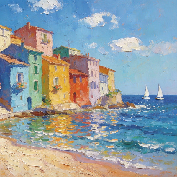 Palette Knife Oil Paintings, Seashore Town Tranquility, Original Oil Paintings, Small Landscape Paintings on Canvas, Landscape Canvas Paintings, Hand Painted Canvas Art-artworkcanvas