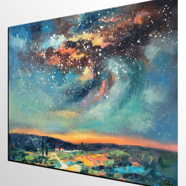 Landscape Painting, Custom Large Canvas Wall Art, Starry Night Sky Canvas Painting, Heavy Texture Wall Art