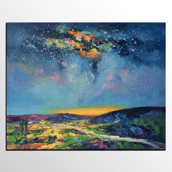 Bedroom Art, Abstract Painting, Starry Night Sky, Landscape Painting, Custom Large Art