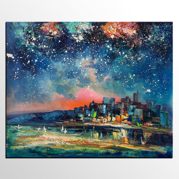 Abstract Oil Painting for Sale, Sail Boat under Starry Night Sky Painting, Custom Original Painting, Landscape Painting