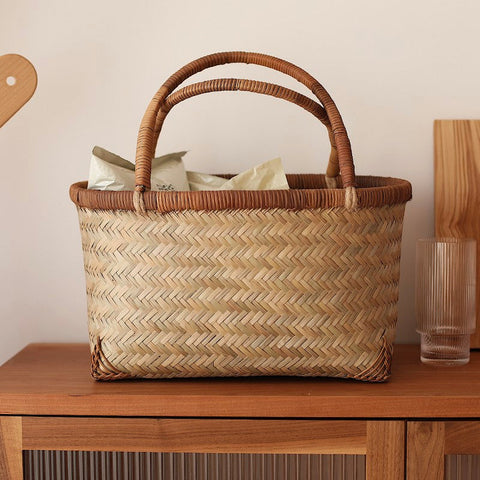 Storage Basket with Handle, Large Kitchen Storage Baskets, Natural Hand-woven Bamboo Storage Basket, Lovely Bamboo Weaving Baskets for Vegetable, Picnic Fruit Storage Baskets-artworkcanvas