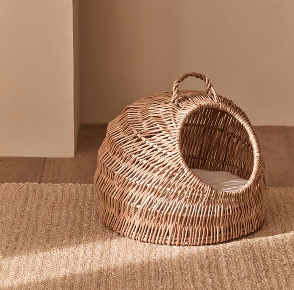 Indoor Cat Bed, Natural Wicker Cat House Basket with Washable Cushion for Indoor Cats and Dogs
