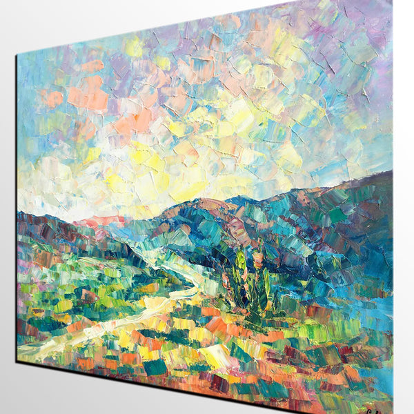 Canvas Painting, Heavy Texture Artwork, Spring Mountain Painting, Custom Landscape Oil Painting-artworkcanvas