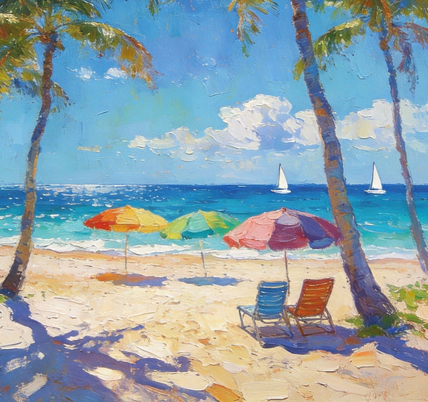 Seaside Relaxation Spot, Seashore Painting, Beach Palm Tree Paintings, Original Artwork, Small Oil Paintings, Hand Painted Canvas Art, Heavy Texture Wall Art Paintings, Small Paintings On Canvas-artworkcanvas