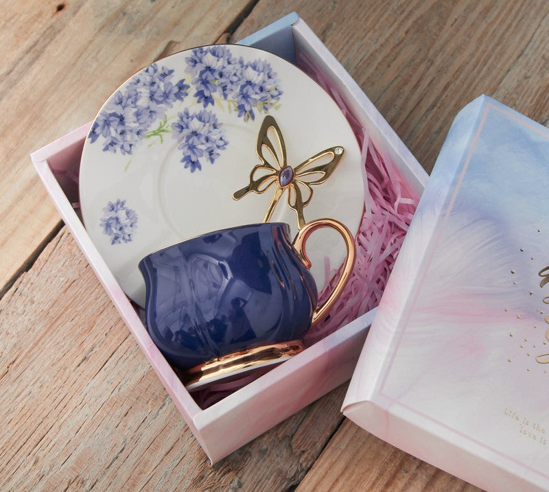 Elegant Purple Ceramic Cups, Unique Coffee Cup and Saucer in Gift Box as Birthday Gift, Beautiful British Tea Cups, Creative Bone China Porcelain Tea Cup Set-artworkcanvas
