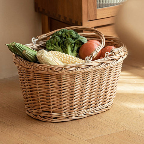 Kitchen Storage Baskets, Small Picnic Food Basket with Handle, Natural Hand-woven Wicker Storage Basket, Willow Weaving Baskets for Vegetable, Natural Fruit Basket-artworkcanvas