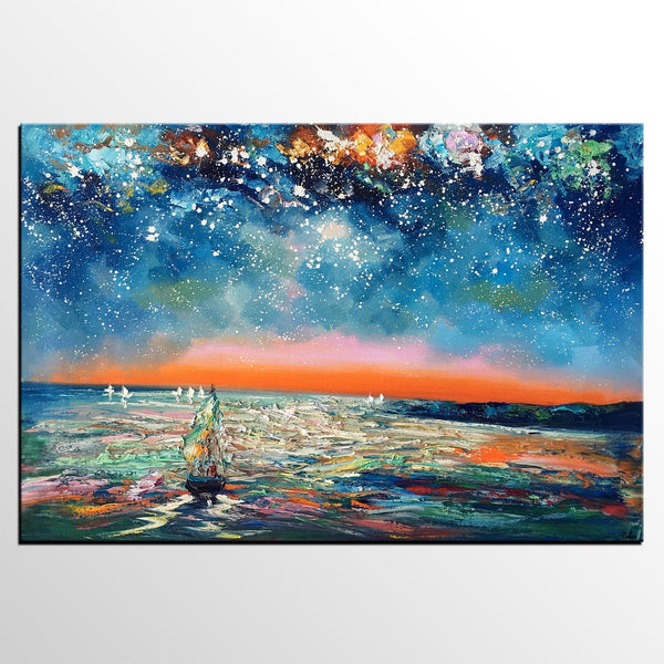 Canvas Painting Landscape, Oil Painting on Canvas, Sail Boat under Starry Night Sky Painting, Custom Art, Landscape Painting for Living Room