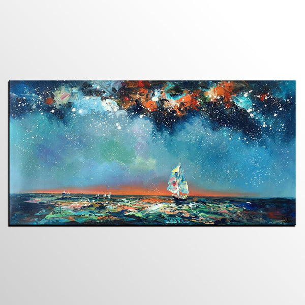 Custom Extra Large Wall Art, Office Painting, Sail Boat under Starry Night Painting, Seascape Painting, Original Artwork