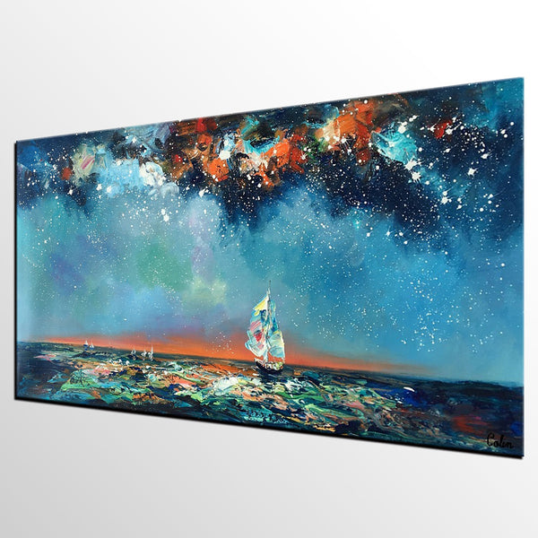 Custom Extra Large Wall Art, Office Painting, Sail Boat under Starry Night Painting, Seascape Painting, Original Artwork