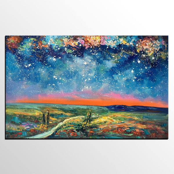 Large Canvas Art Painting, Starry Night Landscape Painting, Custom Large Oil Painting