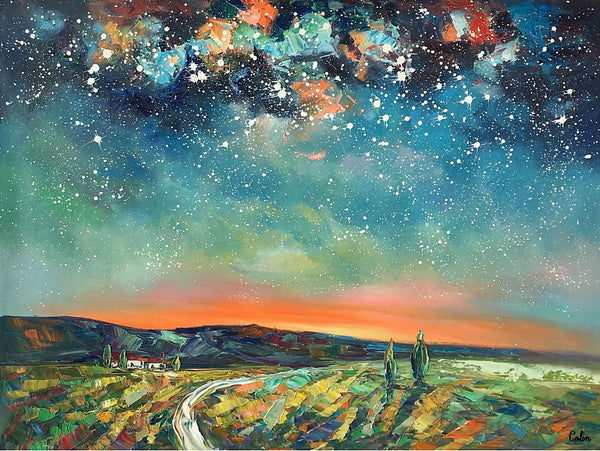 Abstract Landscape Oil Painting, Starry Night Sky Painting, Custom Large Canvas Painting, Heavy Texture Painting