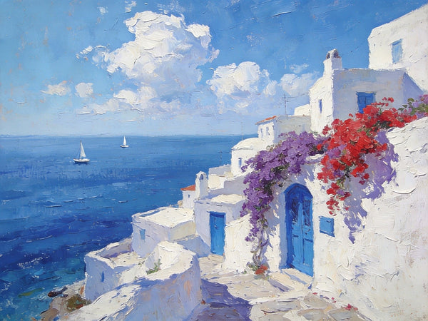 Original Oil Paintings, Santorini's Coastal Serenity, Small Landscape Paintings on Canvas, Palette Knife Wall Art, Landscape Oil Paintings, Hand Painted Canvas Artwork-artworkcanvas