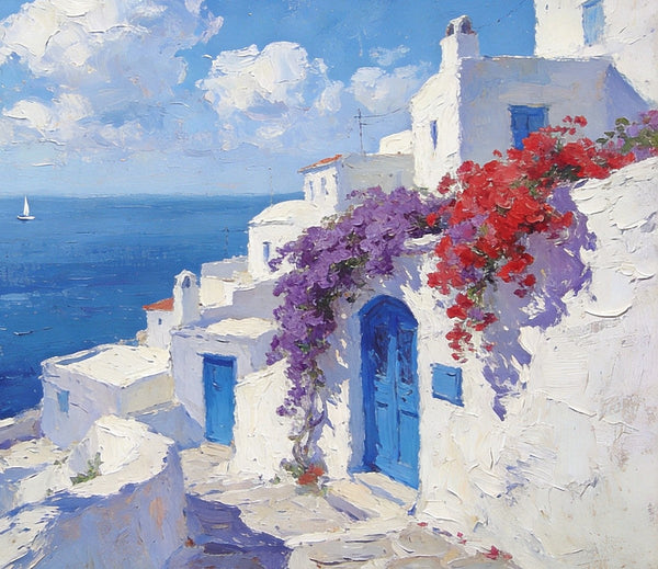 Original Oil Paintings, Santorini's Coastal Serenity, Small Landscape Paintings on Canvas, Palette Knife Wall Art, Landscape Oil Paintings, Hand Painted Canvas Artwork-artworkcanvas