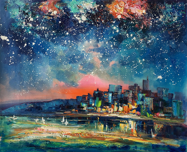 Abstract Oil Painting for Sale, Sail Boat under Starry Night Sky Painting, Custom Original Painting, Landscape Painting