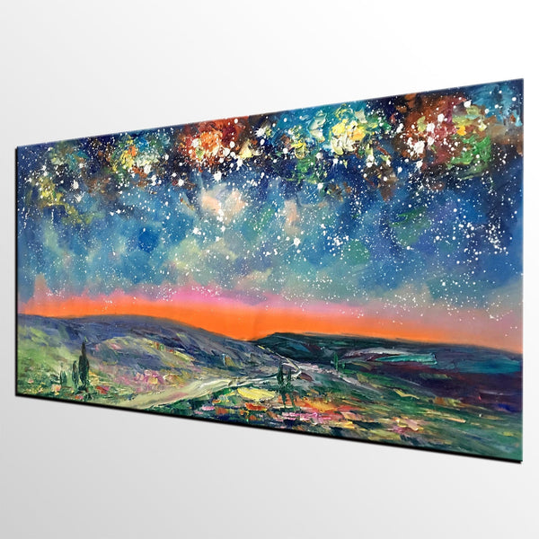 Starry Night Sky Painting, Custom Extra Large Painting, Original Landscape Painting, Canvas Painting for Dining Room