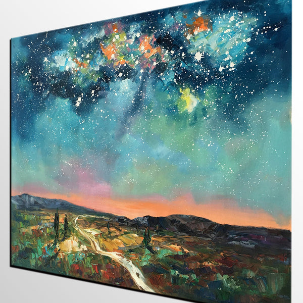 Heavy Texture Landscape Painting, Abstract Landscape Painting, Starry Night Sky, Custom Large Painting