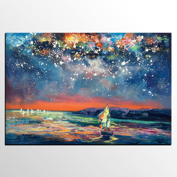 Custom Large Oil Painting, Large Canvas Art Painting, Sail Boat under Starry Night Painting