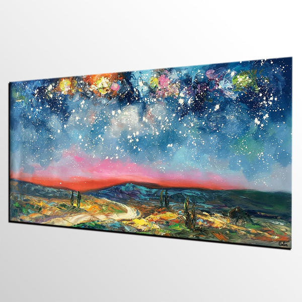 Custom Extra Large Painting, Starry Night Sky Painting, Original Landscape Painting, Canvas Painting for Dining Room