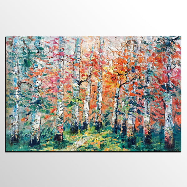 Abstract Landscape Painting, Custom Canvas Painting for Living Room, Heavy Texture Canvas Painting, Autumn Birch Tree