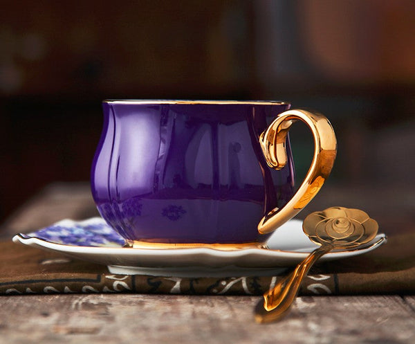 Elegant Purple Ceramic Cups, Unique Coffee Cup and Saucer in Gift Box as Birthday Gift, Beautiful British Tea Cups, Creative Bone China Porcelain Tea Cup Set-artworkcanvas