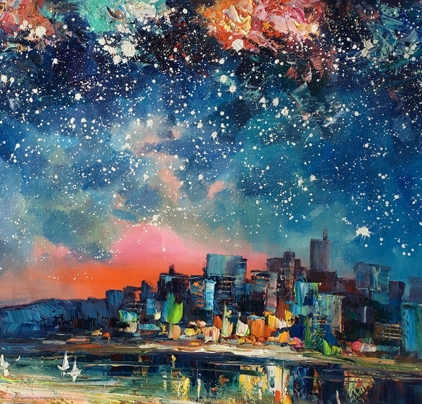 Abstract Oil Painting for Sale, Sail Boat under Starry Night Sky Painting, Custom Original Painting, Landscape Painting