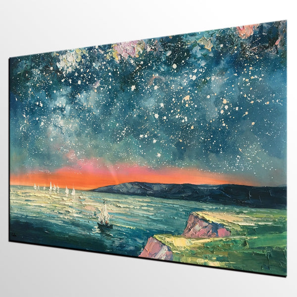 Heavy Texture Painting, Landscape Oil Painting, Starry Night Sky Painting, Custom Large Canvas Painting-artworkcanvas