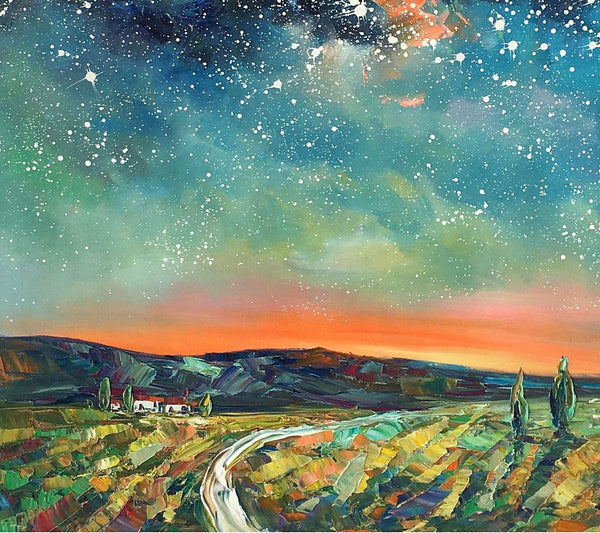 Abstract Landscape Oil Painting, Starry Night Sky Painting, Custom Large Canvas Painting, Heavy Texture Painting