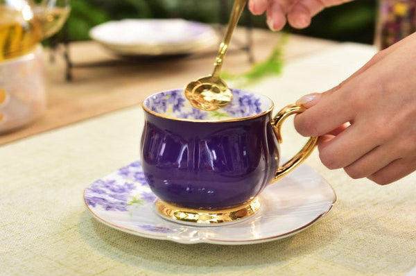 Elegant Purple Ceramic Cups, Unique Coffee Cup and Saucer in Gift Box as Birthday Gift, Beautiful British Tea Cups, Creative Bone China Porcelain Tea Cup Set-artworkcanvas