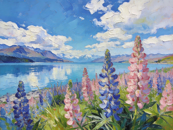 Stunning New Zealand Lake Landscape, Lupins in Bloom, Landscape Paintings on Canvas, Original Oil Paintings, Palette Knife Oil Paintings, Small Landscape Paintings, Hand Painted Canvas Artwork-artworkcanvas