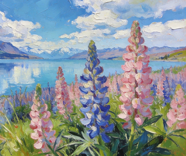 Stunning New Zealand Lake Landscape, Lupins in Bloom, Landscape Paintings on Canvas, Original Oil Paintings, Palette Knife Oil Paintings, Small Landscape Paintings, Hand Painted Canvas Artwork-artworkcanvas