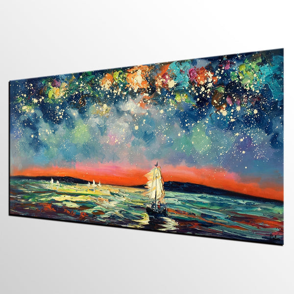 Sail Boat under Starry Night Sky Painting, Landscape Painting, Original Artwork, Custom Extra Large Canvas Painting
