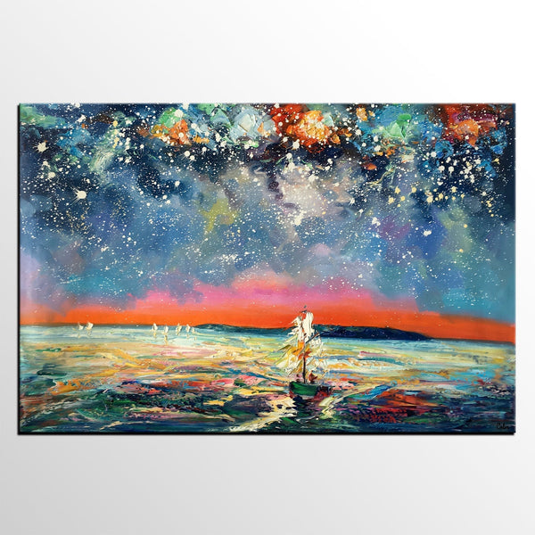 Canvas Painting, Abstract Art, Sail Boat under Starry Night Sky, Custom Landscape Wall Art, Original Painting