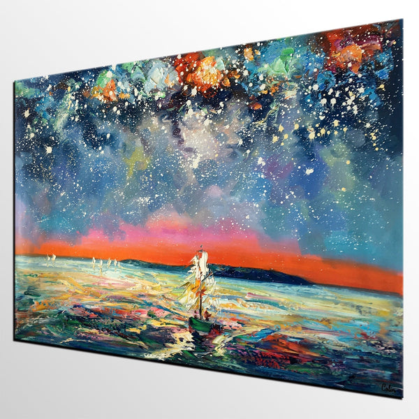 Canvas Painting, Abstract Art, Sail Boat under Starry Night Sky, Custom Landscape Wall Art, Original Painting