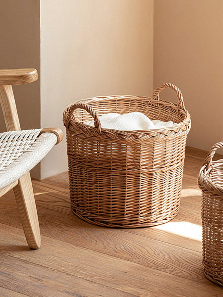 Round Storage Basket for Clothes, Natural Hand-woven Wicker Storage Basket for Clothes, Extra Large Kitchen Storage Baskets, Willow Weaving Baskets for Clothes-artworkcanvas