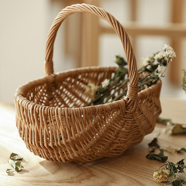 Natural Fruit Basket, Kitchen Storage Baskets, Natural Hand-woven Wicker Storage Basket, Large Picnic Food Basket with Handle, Lovely Willow Weaving Baskets for Vegetable-artworkcanvas